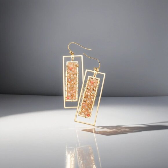 Summer Bead Wrapped Double Metal Rectangle Dangle Earrings - Picture 2 of 2